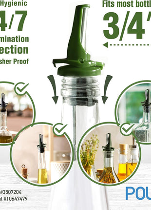 AIRTIGHT Olive Oil Pour Spout for Olive Oil Dispenser - UK Patented Oil Pourer - Hygienic One Handed Open Close Mechanism Keeps Oil Fresh. Dust Caps Cover | Screens Alternative - Green 2 PCs