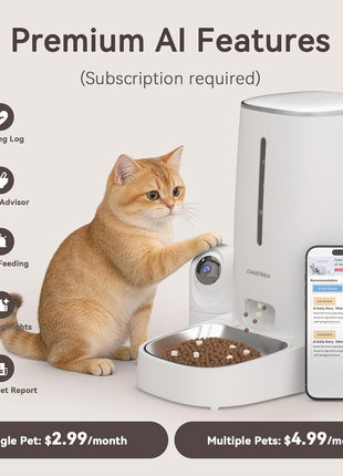 Automatic Cat Dog Feeder with Camera 4L, 2.4G/5G WiFi Smart Pet Food Dispenser with Night Vision, 2-Way Audio, Meat Call and Motion Alert, Stainless Steel Bowl, Dual Power Support, AI Feature