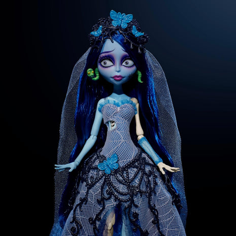 Monster High Skullector Doll, Corpse Bride Emily Collectible in Gothic Spiderweb Wedding Dress with Accessories Like Gauze Veil and Doll Stand