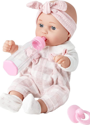 Enjoyin 12'' Baby Doll in Gift Box with Pink Cloths, Pacifier, 13''x13'' Microfabric Blanket, and Feeding Bottle. Gift Idea for Ages 3+