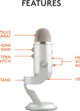 Logitech Creators Blue Yeti USB Microphone for PC, Mac, Gaming, Recording, Streaming, Podcasting, Studio and Computer Condenser Mic with Blue VO!CE Effects, 4 Pickup Patterns, Plug and Play - Silver