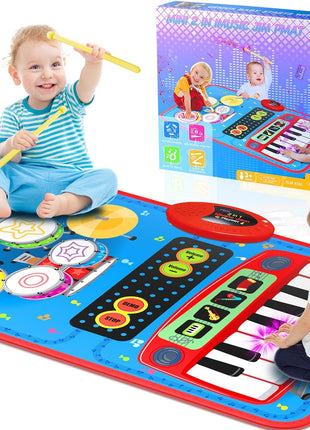 2-in-1 Musical Mat Toys for 1 2 3 4 5 Year Old, Piano Keyboard & Drum Set with 2 Drum Sticks, Early Educational Musical Learning Toys Birthday for 1 2 3 4 5 Year Old Boys & Girls, Blue