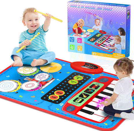 2-in-1 Musical Mat Toys for 1 2 3 4 5 Year Old, Piano Keyboard & Drum Set with 2 Drum Sticks, Early Educational Musical Learning Toys Birthday for 1 2 3 4 5 Year Old Boys & Girls, Blue