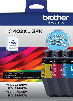 Brother Genuine LC402XL 3PK 3 Pack of High Yield Cyan, Magenta and Yellow Ink Cartridges, Black