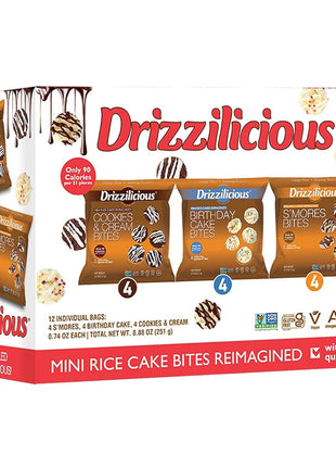 Drizzilicious Mini Rice Cakes Variety Pack- Rice Crisps, Healthy Snack for Adults and Kids, Flavored Rice Cakes, Vegan, Gluten Free Snack, Allergen Free, Only 90 Calories Per Bag- 0.74 oz (Pack of 12)