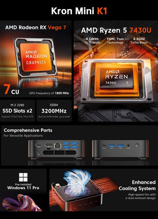 ACEMAGICIAN Kron Mini K1 Mini PC Gaming, AMD Ryzen 5 7430U (equiv to 5850U, 6C/12T, Up to 4.3Ghz), 16GB DDR4 512GB SSD Mini PC Computers Micro Desktop PC 4K Triple Display WiFi6 BT5.2