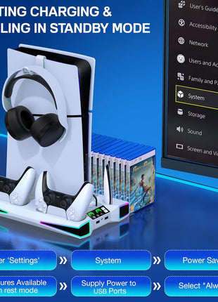 LIFUFUTEE PS5 Stand, PS5/Slim/Pro Cooling Station with 2.36in Cooling Fan, Controller Charger Station for PS5 Accessories, RGB Light, Headset Holder, 3 Charger Ports for PlayStation 5 Slim/Pro Console