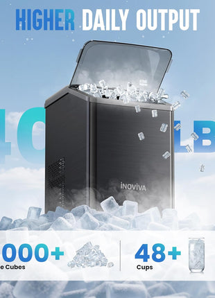 inoviva Nugget Ice Maker Countertop, 40lbs/24H Soft Chewable Pellet Ice Machine with Self-Cleaning, Sonic Ice Maker for Home Kitchen,Office - Black Stainless