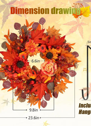 24" Fall Wreath for Front Door Outside - Sunflower, Pumpkin, Berry & Maple Leaves | Weatherproof Autumn Outdoor Wreaths with Hanger Hook for Thanksgiving, Harvest