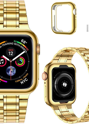 MioHHR Solid Stainless Steel Band Compatible with Apple Watch 38mm(Series 3/2/1) 40mm(Series SE/6/5/4) 41mm(Series 9/8/7) Metal Strap with Soft TPU Case for iWatch Bands for Women and Men, Gold