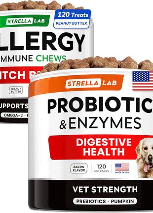 Allergy Relief + Vet Strength Dog Probiotics Dogs Bundle - Itchy Skin Treatment - Omega3 & Pumpkin +1Billion CFU + Digestive Enzymes + Prebiotics - Allergy, Diarrhea,Constipation - 300ct - Made in USA
