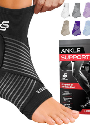 Sleeve Stars Ankle Brace for Women & Men, Ankle Wrap for Sprain, Compression Sleeve for Plantar Fasciitis Relief, Easy Customizable Support: w/ Removable Strap (Single/M:10"-12"/Black)