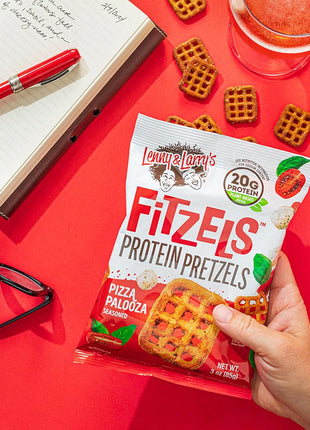 Lenny & Larry's FITZELS Protein Pretzels (Pizza Palooza) 8 Individual Bags 3 oz Each – High Protein Snacks with 20g of Plant Based Protein – Healthy Vegan Pretzels – Delicious Salty Taste