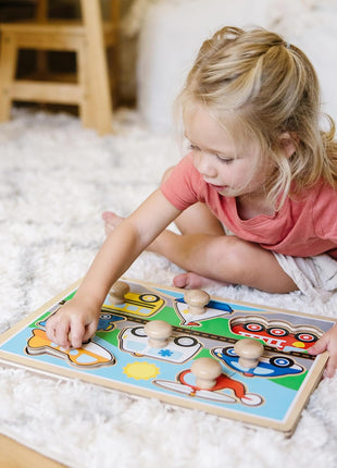 Melissa & Doug Vehicle Jumbo Knob Puzzle, Wooden Peg Puzzle for Toddlers, Educational Toy for Shape Recognition and Fine Motor Skills, Ages 1+