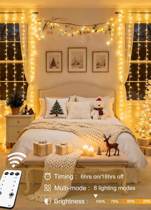 JMExSUSS 300 LED Remote Control Christmas Curtain Lights, Plug in Fairy Curtain Lights Outdoor, Window Wall Hanging String Lights for Bedroom Backdrop Wedding Party Indoor Patio xmas Decor, Warm White