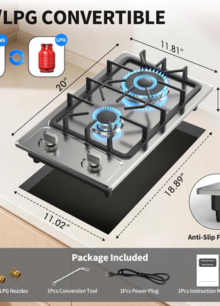 Gas Stove 2 Burner, Propane Cooktop 12 inch, Nafewin Portable Gas Cooktop Stainless Steel Stove Burner with Thermocouple Protection, Lpg/Ng Dual Fuel Built-in Hob for Apartments, Outdoor, Rvs