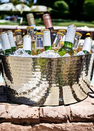 BREKX Insulated Hammered Stainless Steel Beverage Tub & Ice Bucket, 12QT | Double-wall insulated tub keeps beer, wine and champagne chilled. Double-hinged handles make carrying easier.