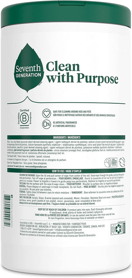 Seventh Generation Multi-Surface Wipes, Garden Mint, Plant-Based Cleaning Wipes, No Harsh Fumes or Residue, Safe Around Kids, 70 Count (Pack of 6)