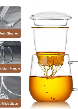 DOPUDO Glass Tea Cup with Infuser and Lid, 17.6oz/520ml Large Borosilicate Teacup,Tea Glass, Clear Mug for Loose Leaf Tea, Blooming Tea, Microwave & Dishwasher Safe   Tea Maker Gift for Birthday