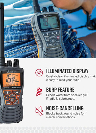 Cobra MR HH350 FLT Handheld Floating VHF Marine Radio - 6 Watt, Submersible, Noise Cancelling Mic, Backlit LCD Display, NOAA Weather, and Memory Scan, Grey