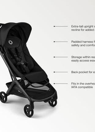 Bugaboo Butterfly 2 Ultra-Compact Travel Stroller One-Second Fold | Airplane carry-on approved, reclining seat, suspension wheels, adjustable footrest, Black