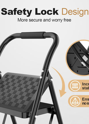 HBTower 3 Step Ladder, 3 Step Stool for Adults, 3 Step Ladder Folding Step Stool with Cushioned Handle Step Ladder with Wide Pedal Ergonomic Design,Black