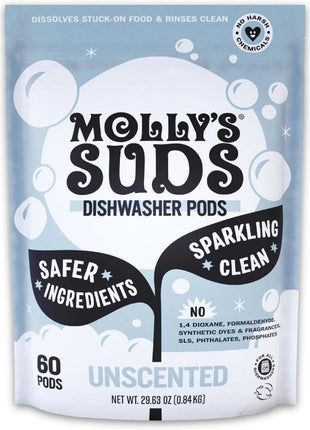 Molly's Suds Dishwasher Pods | Clean Dishwasher Detergent, Cuts Grease & Rinses Clean (Residue-Free) for Sparkling Dishes | 60 Auto-Release Tabs (Unscented)
