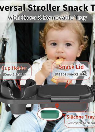 Universal Stroller Snack Tray, Cup Holder & Removable Silicone Tray | Stable Dual-Lock, No-Slip Silicone Arms, Dishwasher Safe, Fits Uppababy/Nuna/Mockingbird, Secure Grip for 0.4"-1.5" Bars