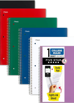 Five Star Spiral Notebook  Study App, 6 Pack, 1 Subject, College Ruled Paper, 8-1/2 inch x 11 inch, 100 Sheets, Fights Ink Bleed, Water Resistant Cover, Assorted Colors (38052)