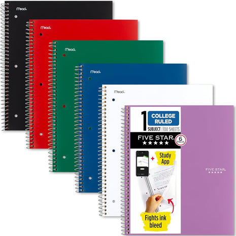 Five Star Spiral Notebook  Study App, 6 Pack, 1 Subject, College Ruled Paper, 8-1/2 inch x 11 inch, 100 Sheets, Fights Ink Bleed, Water Resistant Cover, Assorted Colors (38052)