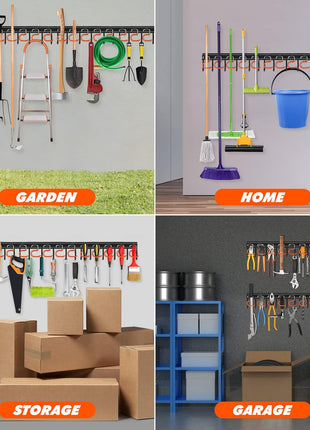 68'' All Metal Garden Tool Organizer Adjustable Garage Tool Organizer Wall Mount Garage Organizers and Storage with Heavy Duty Hooks Tool Hangers for Garage Wall, Shed, Garden