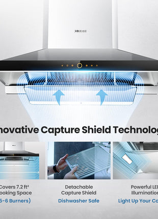 FOTILE EMS9026 36" Wall-mount Range Hood 1000 CFMs with Touchscreen, 2 Speed-settings and Auto Turbo Mode | Manual-adjustable Capture Shield Technology | Delay Shutoff and Detachable Oil Plate