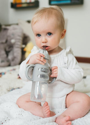 Dr. Brown's Milestones Narrow Sippy Straw Bottle, Spill-Proof with 100% Silicone Handles and Weighted Straw, 8 oz/250 mL, Blue/Gray, 6m+