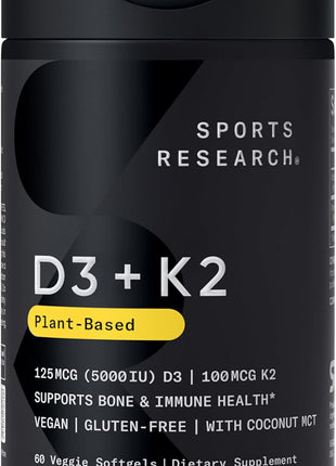 Sports Research® Vitamin D3 + K2 w/ Coconut Oil - Vegan Vitamin D 5000iu & Mk7 Vitamin K 100mcg for Bone & Immune Support - Vegan Certified · Non-GMO · Soy Free - 60 Softgels