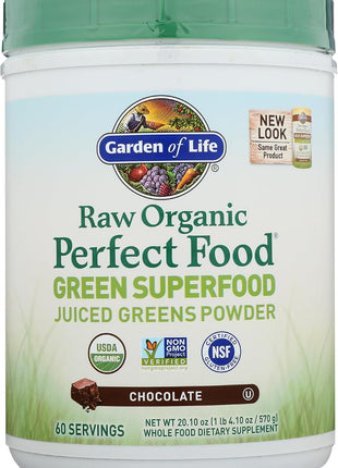 Garden of Life Raw Organic Perfect Food Chocolate Powder, 60 Servings | Juiced Cereal Grasses, Plant Based Green Supplements for Immune Support and Digestive Support, Green Superfood