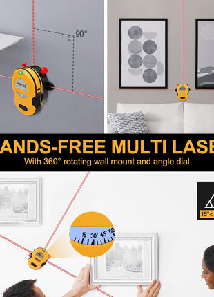 PREXISO Multi Surface Laser Level LED Light Vial, 30Ft Horizontal & Vertical Line Laser with Wall Mount Base, 2 Pins, 10 Sticker, 2 AA Batteries for Hanging Frames & Picture, Construction Wall Writing