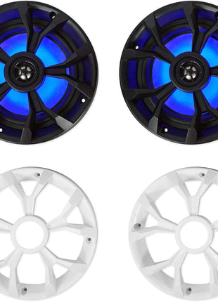 Rockville RKL65MBW (2) 6.5 inch 700W Marine Speakers, 4 Ohm, LED Lights, CEA Compliant, Coaxial, Waterproof, Black/White Grilles for Boats, ATVs, UTVs