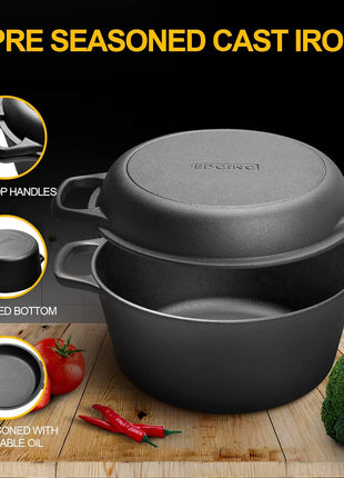 EDGING CASTING 2-in-1 Pre-Seasoned Cast Iron Dutch Oven Pot with Skillet Lid Cooking Pan, Cast Iron Skillet Cookware Pan Set with Dual Handles, Indoor Outdoor for Bread/Frying/Baking/Camping/BBQ, 5 Qt