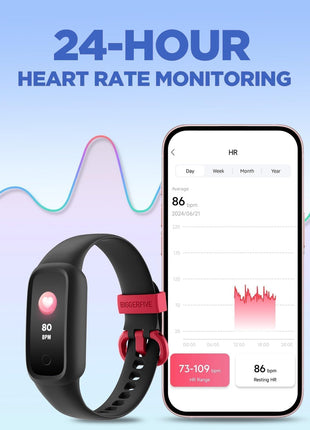 BIGGERFIVE Vigor 2 L Kids Fitness Tracker Watch for Boys Girls Ages 5-15, Activity Tracker, Heart Rate Sleep Monitor, IP68 Waterproof, Pedometer, Calorie Step Counter Watch, Black