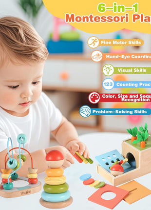 Wooden Montessori Learning Toys Kit,Babies Toys Set for 1 Year Old, Sensory and Thinking Play kit for Toddlers (Boys and Girls). 4 in 1 Drop Box; Rocking Stacker; Bead Maze.