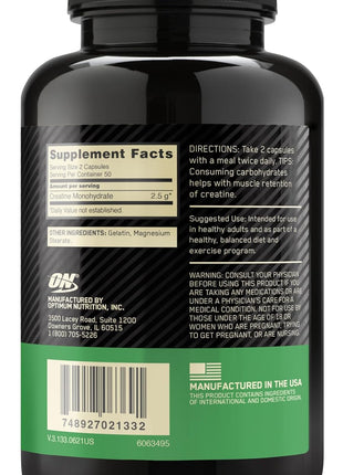 Optimum Nutrition Micronized Creatine Monohydrate Capsules, Keto Friendly, 2500mg, 100 Capsules