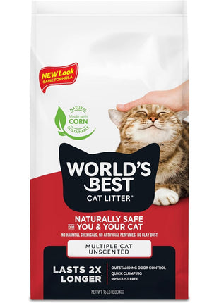 WORLD'S BEST CAT LITTER Multiple Cat Unscented, 15-Pounds - Natural Ingredients, Quick Clumping, Flushable, 99% Dust Free & Made in USA - Long-Lasting Odor Control & Easy Scooping