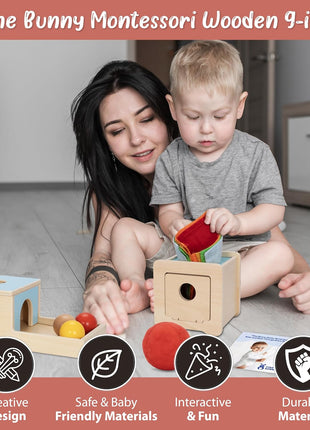 Pine Bunny Montessori Wooden 10-in-1 Toy Set for 7+ Months, Object Permanence Box, Egg and Cup, Tissue Box, Fabric Blocks, Scarf, Educational Learning Sensory Development Fine Motor Skills Baby Toys
