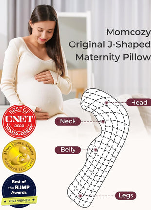 Momcozy J Shaped Pregnancy Pillow, Maternity Body Pillow for Side Sleepers | Cooling Body Pillow with Removable Cover for Head Neck Belly Support, Side Sleeper, Must-haves for Pregnant Women Grey