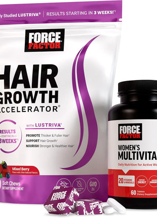 FORCE FACTOR Hair Growth Accelerator Soft Chews, Lustriva & Biotin to Promote Thicker, Stronger, Fuller Hair, Hair Growth Vitamins for Women, Clinically Studied + Women's Multivitamin with Iron, 60ct