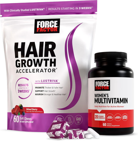 FORCE FACTOR Hair Growth Accelerator Soft Chews, Lustriva & Biotin to Promote Thicker, Stronger, Fuller Hair, Hair Growth Vitamins for Women, Clinically Studied + Women's Multivitamin with Iron, 60ct