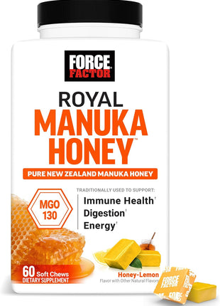 Force Factor Royal Manuka Honey Soft Chews | Pure New Zealand Manuka, Support Immune Health, Digestion & Energy, MGO 130, Sustainably Sourced, Honey-Lemon, 60 Soft Chews