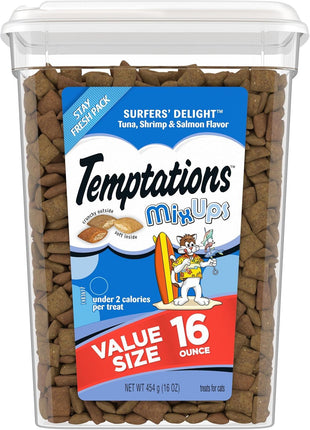 Temptations MixUps Crunchy Cat Treats, Surfer's Delight, 16 oz | Tuna, Shrimp & Salmon flavors, crunchy & soft texture, under 2 cal/treat, no artificial flavors, resealable tub