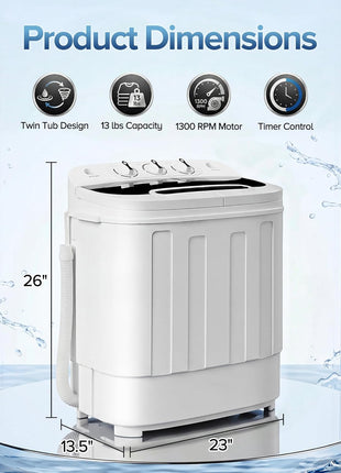 SUPER DEAL Compact Mini Twin Tub Washing Machine 13lbs Capacity Portable Washer Wash and Spin Cycle Combo, Built-in Gravity Drain for Camping, Apartments, Dorms, College, RV's and Small Spaces
