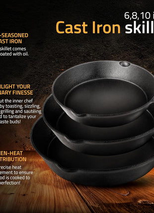 Utopia Kitchen Premium Cast iron Skillets 3 Piece Set, Chef's Pan, Pre Seasoned Frying Pan, 6, 8 & 10 Inches, PFAS-Free, Stovetop, Campfire & Grill Large Skillet, Even Heat Distribution Cast Iron Pan